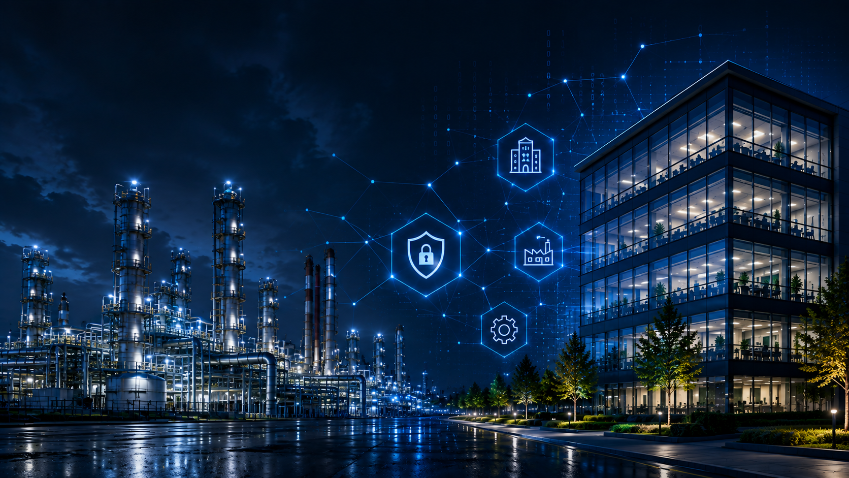 FortressGuard secures OT and building automation systems: an industrial plant, connected security icons, and a smart office building at night