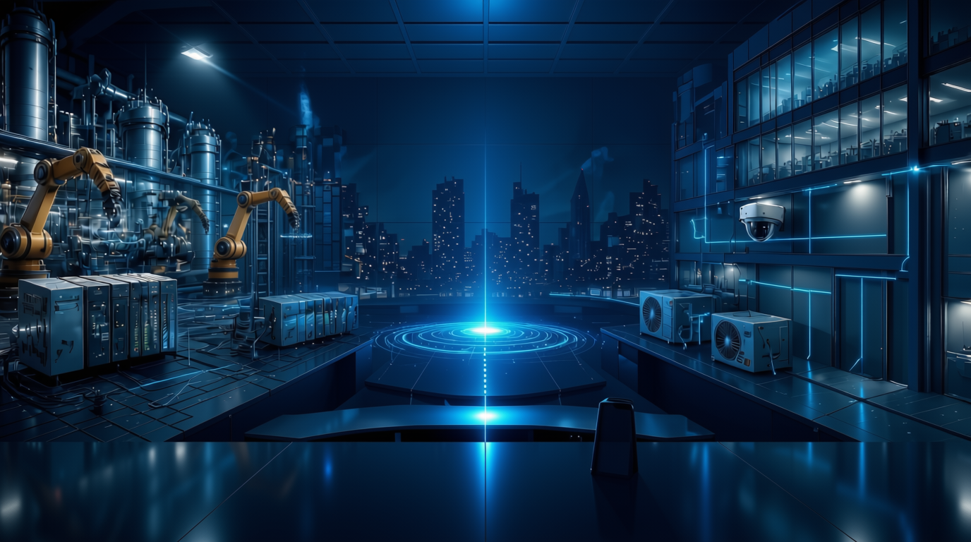 A real OT environment — industrial process plant and building automation at night